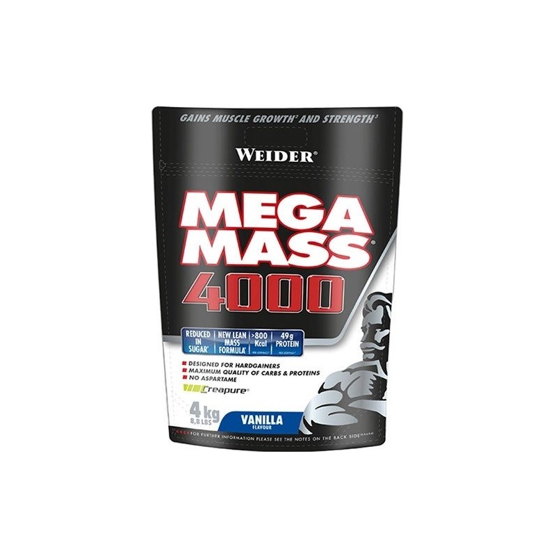 Comprar Hidratos de Carbono WEIDER - MEGA MASS 4000 4KG 15 % DE DESCEUENTO marca Weider. Precio 72,16 €